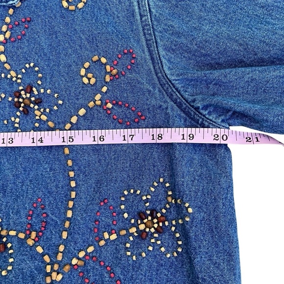 KEREN Hart Vintage 90s Floral Beaded Embellished Denim Shirt Shacket Boxy Fit S - Picture 14 of 16